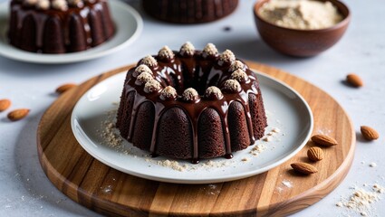 Vegan chocolate cake with almond flour closeup
