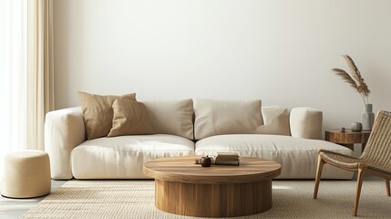 A stylish living room featuring a cozy sofa, wooden coffee table, and modern decor, perfect for a contemporary home.