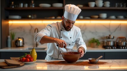 A chef in a classic white uniform mixes cocoa in a bowl, surrounded by tomatoes and kitchenware, depicting culinary expertise in a warm, modern kitchen setting.