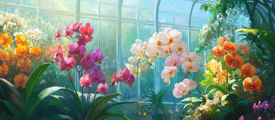 Vibrant painting depicting a variety of orchid flowers within a greenhouse setting