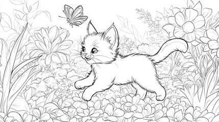 Playful Kitten in a Floral Garden