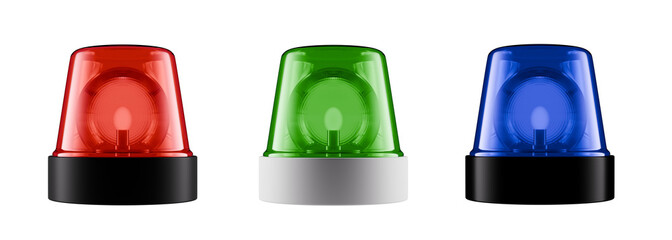 set of emergency warn siren alarm alert red green blue light isolated on white background 3d element