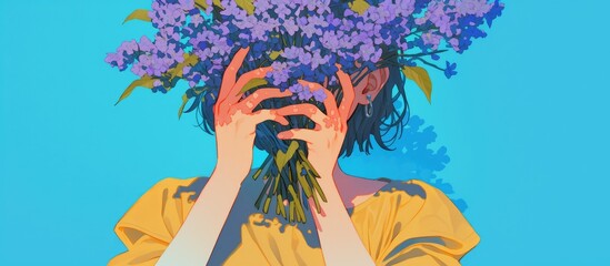 Woman concealing her face with a bouquet of lilac flowers against a vibrant blue backdrop