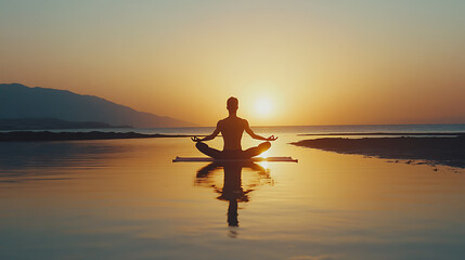 background with a man fishing by a tranquil lake at sunrise, reflecting peace and relaxation
