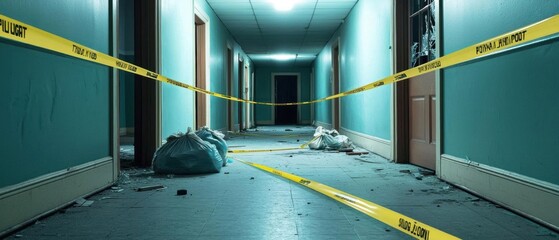 Dark and eerie hallway with caution tape and trash bags, creating a haunting and abandoned atmosphere.