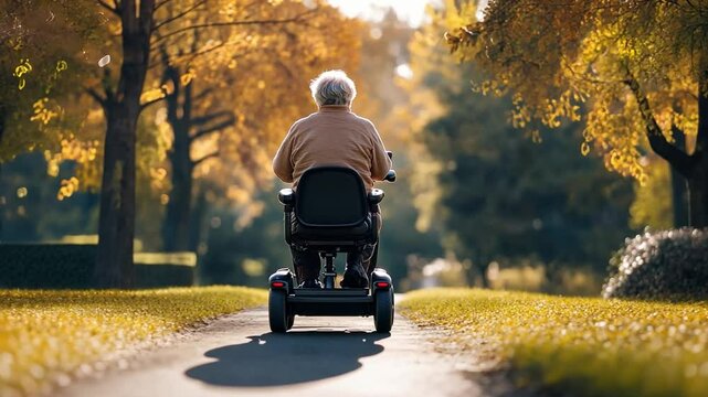 An elderly person using a mobility scooter to navigate a scenic park, enjoying the fresh air and sunshine.