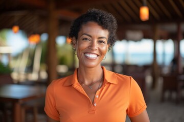 Fototapeta premium Portrait of a happy afro-american woman in her 40s wearing a breathable golf polo over tropical beach bar background