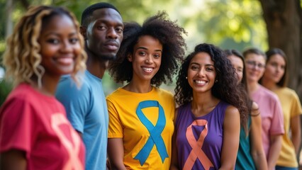 Fototapeta premium A vibrant group of friends stands together outdoors, wearing colorful t-shirts featuring awareness ribbons. They are smiling and enjoying a sunny day in a park, showcasing unity and friendship among d
