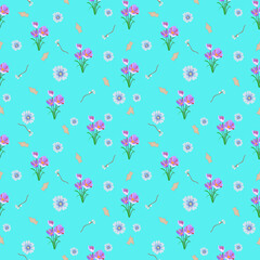 Fototapeta premium Flower background seamless pattern on blue background. Use for package gift, notebook