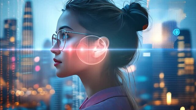A woman with hearing aids adjusting audio settings through a sleek digital interface, with a city skyline behind her.