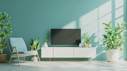 Fototapeta premium Modern living room featuring a blue accent wall, sleek furniture, and vibrant plants, creating a cozy and inviting atmosphere.