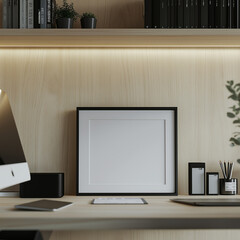 Picture black frame for mockup on the desk with shelf and wooden background