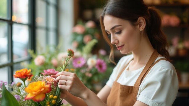 A florist carefully arranges a vibrant bouquet of flowers in a cozy floral shop filled with greenery and blooming plants. The warm lighting enhances the atmosphere as she focuses on her craft, creatin - Powered by Adobe