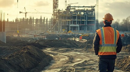 Fototapeta premium A construction site in the distance with an engineer in the foreground, leaving space for copy above.