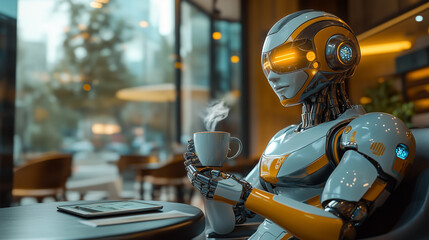 A robot drinking coffee in the cozy cafe