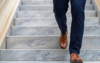 Businessman walking up stairs with digital stock market symbols floating around, businessman walking up stairs, climbing the corporate financial world