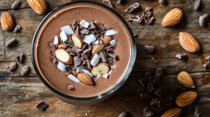 Fototapeta premium A creamy chocolate smoothie topped with cacao nibs, coconut flakes, and almonds, placed on a rustic wooden table with scattered cocoa beans.