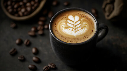 Close-up of a coffee cup with frothy latte art, surrounded by coffee beans on a dark background