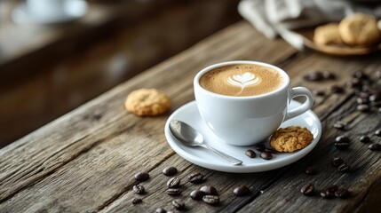 Obraz premium A hot Americano in a sleek white cup, sitting on a rustic wooden table with a spoon and scattered coffee beans, paired with a small saucer of cookies on the side.