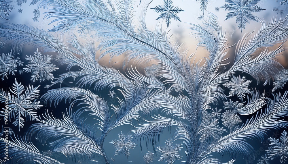 Poster Intricate Frost Patterns on a Windowpane. Delicate Ice Feathers and Snowflakes Against a Soft Blue Winter Morning Sky