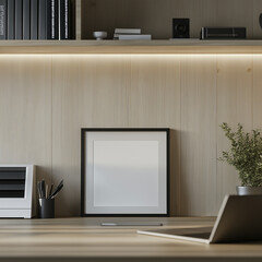 Picture black frame for mockup on the desk with shelf and wooden background