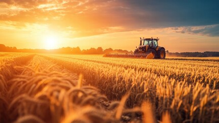 Fototapeta premium Tractor Harvesting Wheat in Golden Sunset