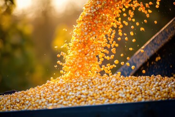 Corn grains pouring from storage bin during harvest, close-up of golden tones