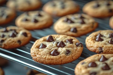 A close-up of freshly baked homemade cookies cooling on a wire rack. Generative AI