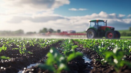 Irrigation of Young Crops in Field with Tractor
