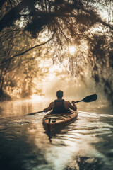 A man kayaking in still lake water with forest and fog