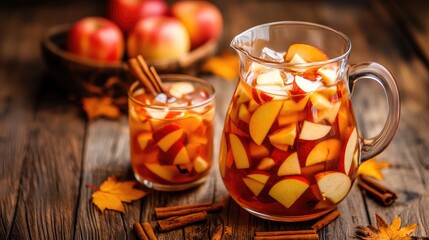 A pitcher of apple juice with a glass filled with ice and apple slices, sitting on a wooden table, creating a warm autumnal vibe with scattered cinnamon sticks.