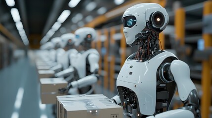 AI-driven robots managing inventory in a high-tech distribution center