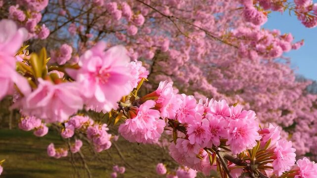 Pink Cherry blossom or sakura flowers blossoming in spring