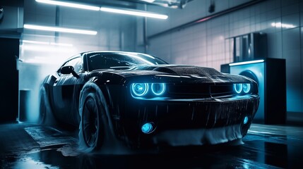 Obraz premium Muscle car on modern car wash. Generative ai