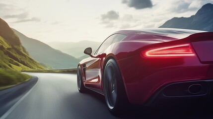 Naklejka premium Luxury Red Sports Car Speeding on Scenic Mountain Road. Generative ai