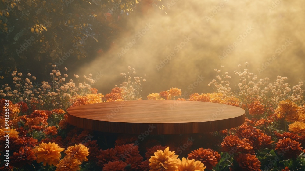 Poster A tranquil wooden platform is set amidst a colorful array of blooming flowers, enveloped in soft mist. The scene evokes a feeling of calmness and natural beauty, perfect for relaxation.