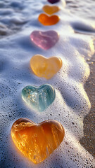 Fototapeta premium Many white pebbles, crystal rainbow stones, and shells are crystal clear, with round and smooth beads.