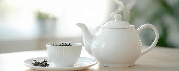 Fototapeta premium Tea splashing from a teapot into a cup, with tea leaves and steam captured mid-motion tea splash, calming elegance