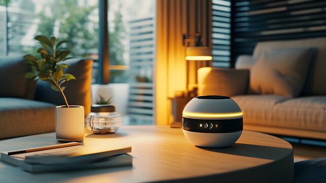 A futuristic AI-powered home assistant helping a person with daily tasks