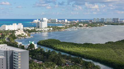 Aerial view of the Cancun resort area, Quintana Roo, Mexico