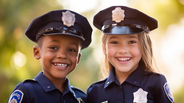 Smiling diverse kids police officers. Future career concept. Generative ai