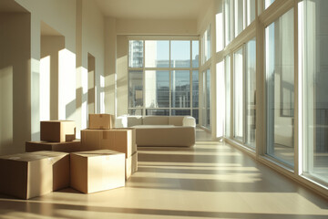 Fototapeta premium Moving day in modern apartment with boxes and sunlight streaming through windows