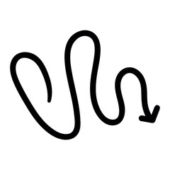 Single hand draw black and white wave down arrow in doodle style isolated on white background. Vector flat illustration sketch design element.Icon in spiral shape.