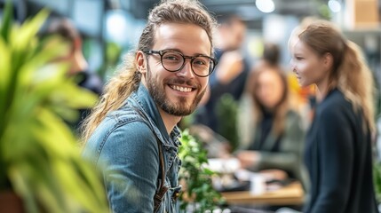 A smiling man with glasses in a lively indoor setting filled with plants and people.