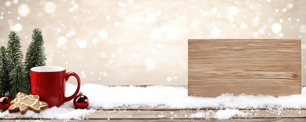 Cozy winter scene featuring a red mug, gingerbread cookies, and pine trees, perfect for holiday decorations or seasonal marketing.