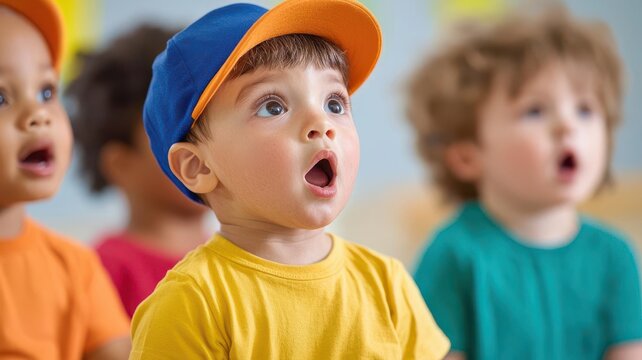Toddlers singing along with a caregiver during circle time in a daycare classroom   sing-along, musical learning