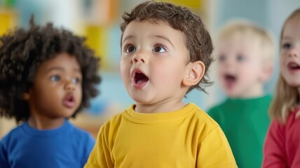 Toddlers singing along with a caregiver during circle time in a daycare classroom   sing-along, musical learning
