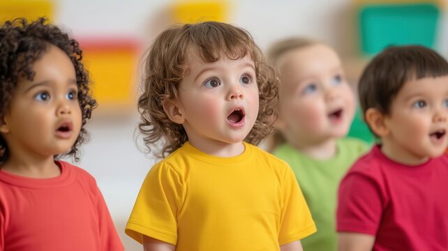 Toddlers singing along with a caregiver during circle time in a daycare classroom   sing-along, musical learning