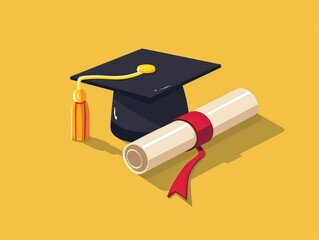 A graduation celebration with a diploma and mortarboard.