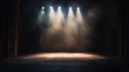 Obraz premium Spotlight on an empty stage with a dark, atmospheric background, highlighting the anticipation of a performance